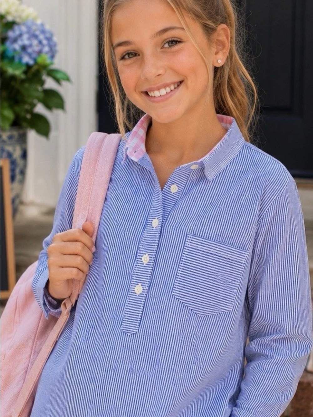 Vineyard Vines Top Girls Size 14 Blue / Pink Gingham Striped Long Sleeve Shirt